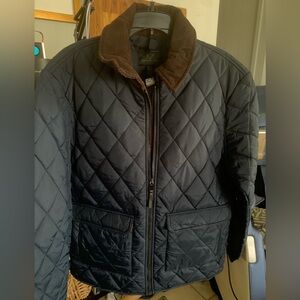 Magaschoni Men's Navy Chocolate Quilted Jacket with Brown Collar